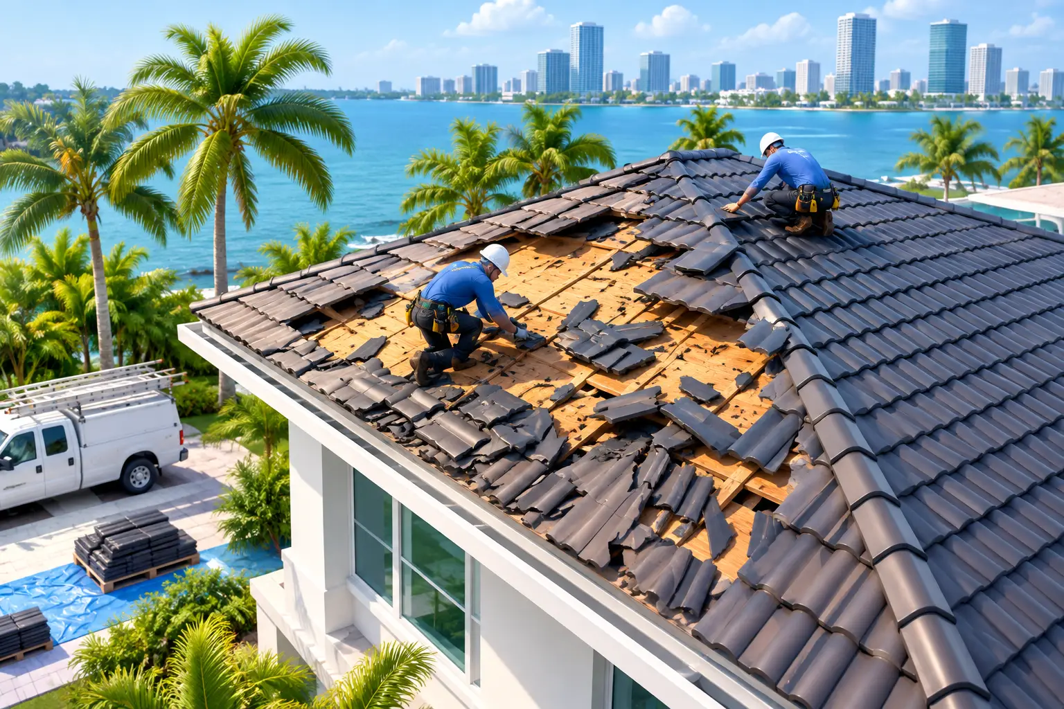 Storm Damaged Roof Repair Example in Miami